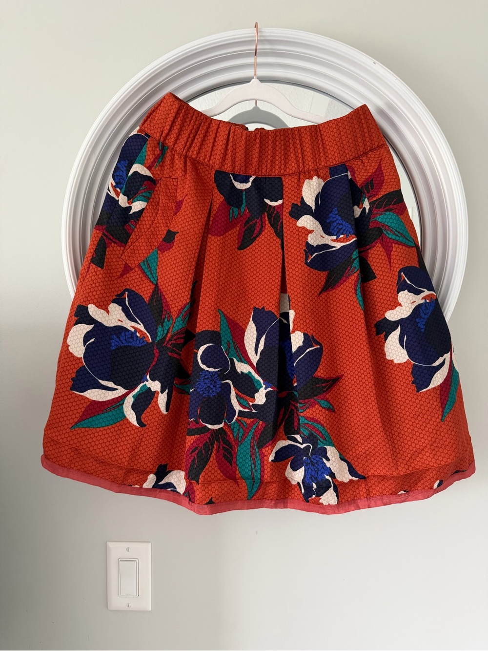 Mauve Rust Orange Floral Circle Skirt with Navy and Cream Blooms